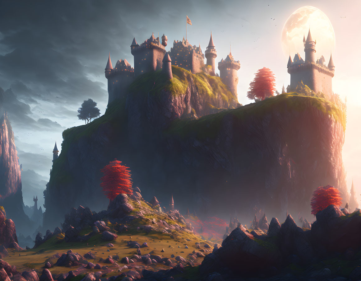 Moonlit Castle on Hilltop Amid Autumn Trees