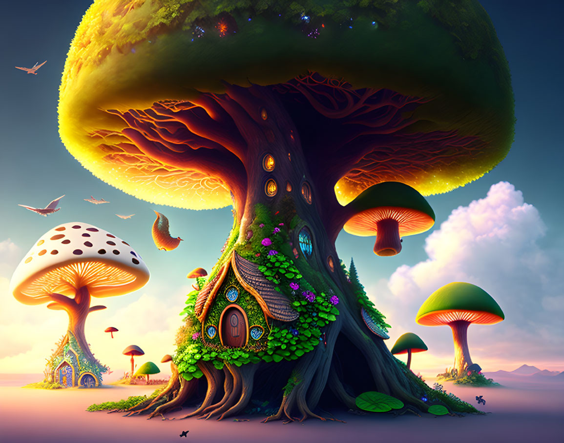 Fantasy landscape with large tree house, glowing windows, oversized mushrooms, dreamy sky