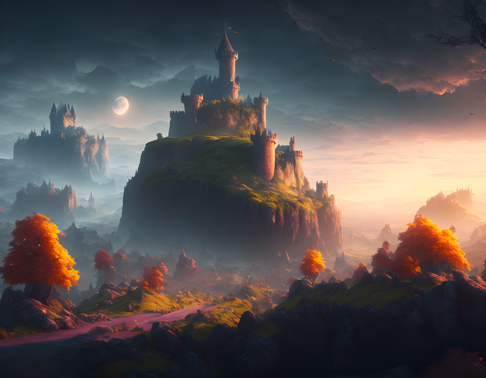 Mystical landscape with grand castle on lush hill under twilight sky