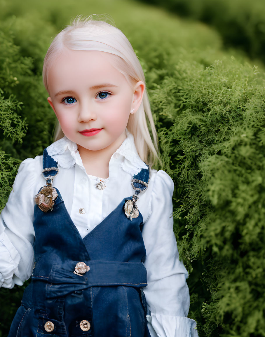 Blonde Girl in White Blouse and Blue Jumper Dress by Green Bush