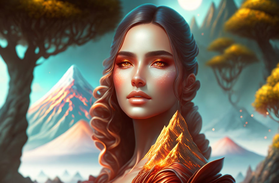 Digital artwork: Woman in gold shoulder armor, vibrant landscape with trees and mountains