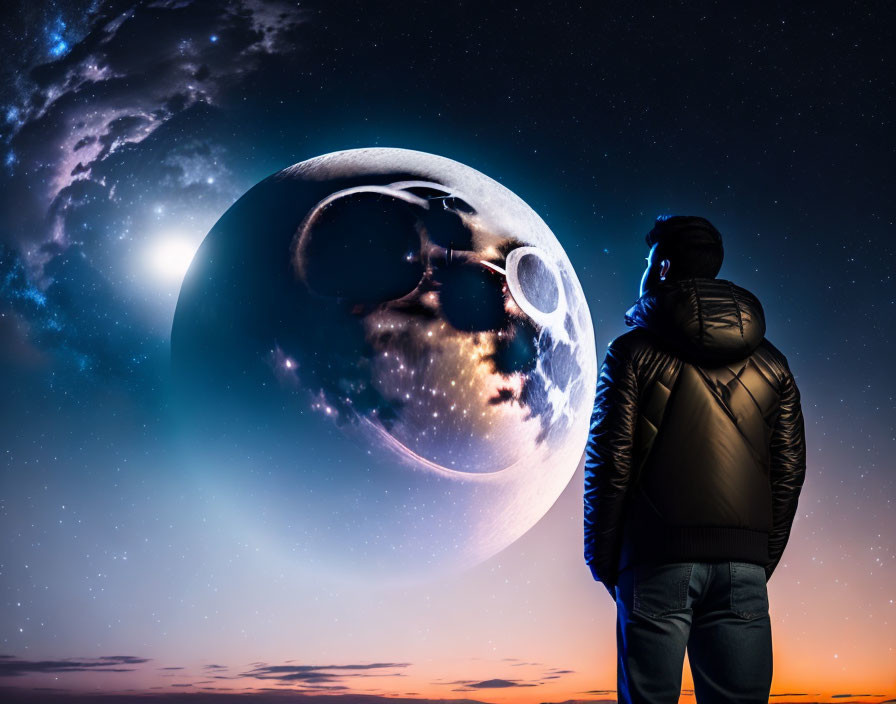 Person in jacket gazes at surreal moon in starry sky