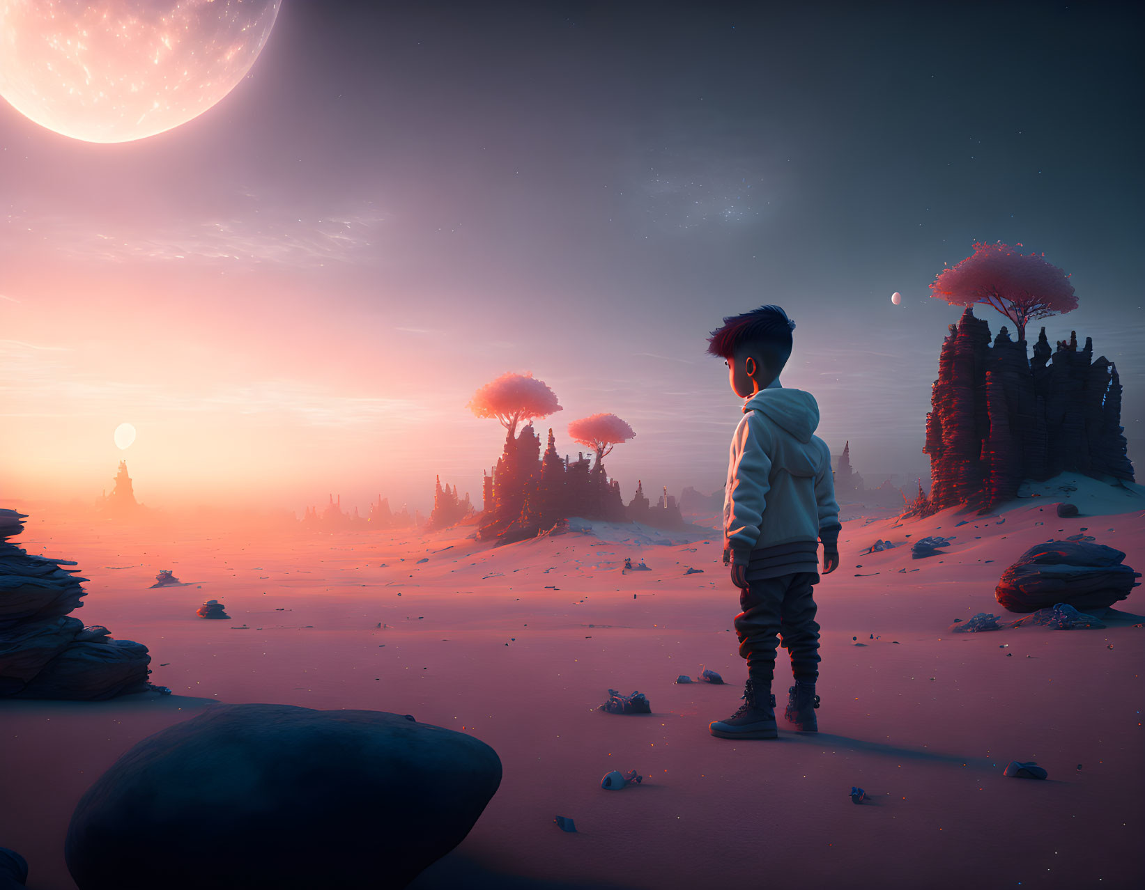 Child on surreal pink alien landscape with floating islands and multiple moons at sunset