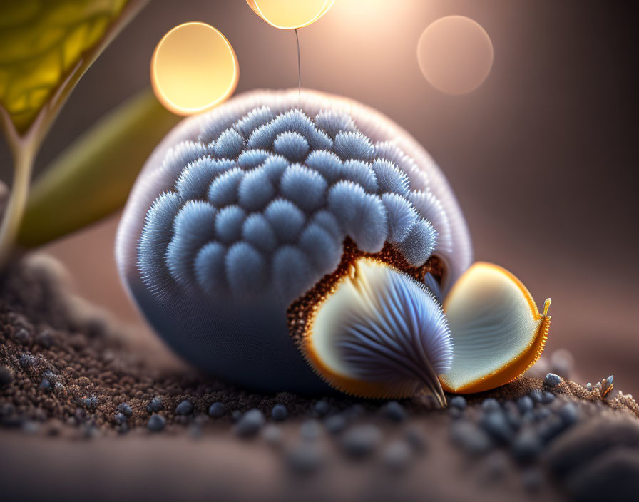 Blue spherical object resembling a cut fruit with seed on sandy surface