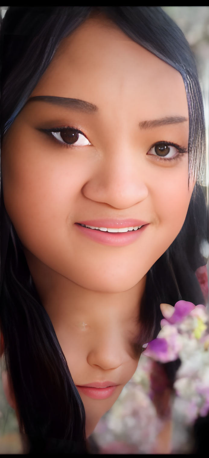 Smiling woman with black hair and flowers in close-up