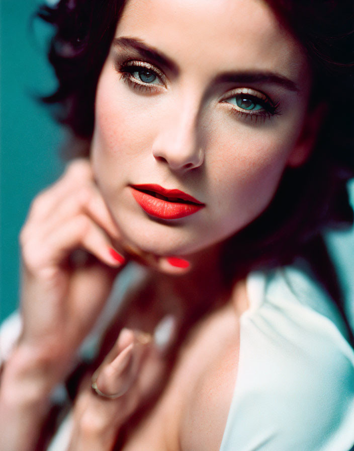 Woman with Blue Eyes and Red Lipstick in Portrait Shot