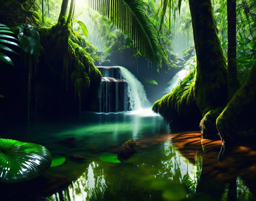 Sunlit Jungle Waterfall with Moss-Covered Rocks and Emerald Pool