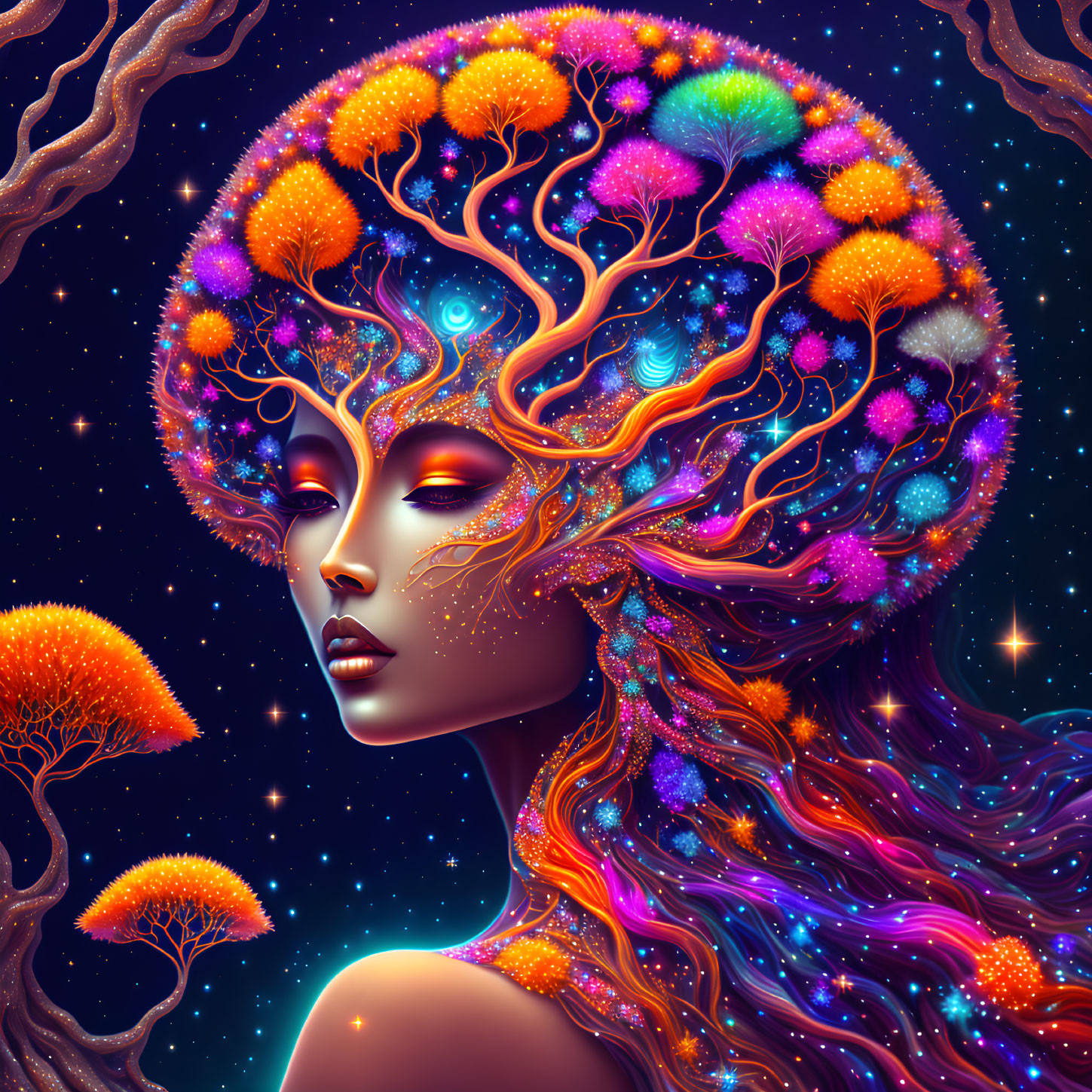 Vibrant surreal portrait of woman with tree-shaped hair in cosmic background