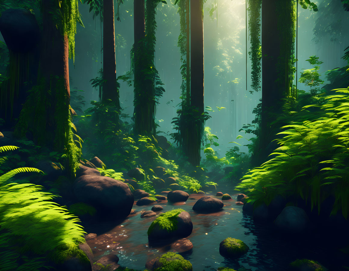 Serene forest scene: tall trees, sunbeams, stream, rocks, ferns