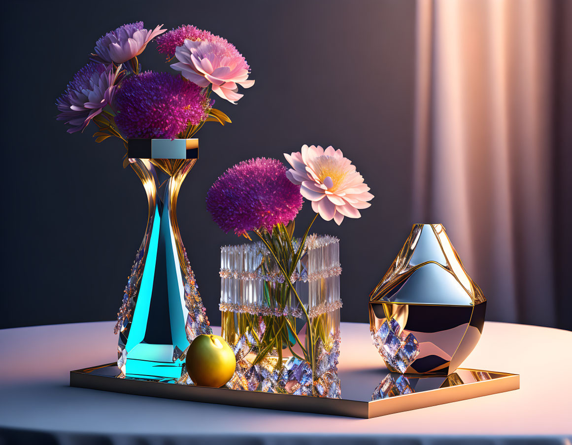 Ornate glass vases with purple and pink flowers, golden sphere, and geometric object on tray