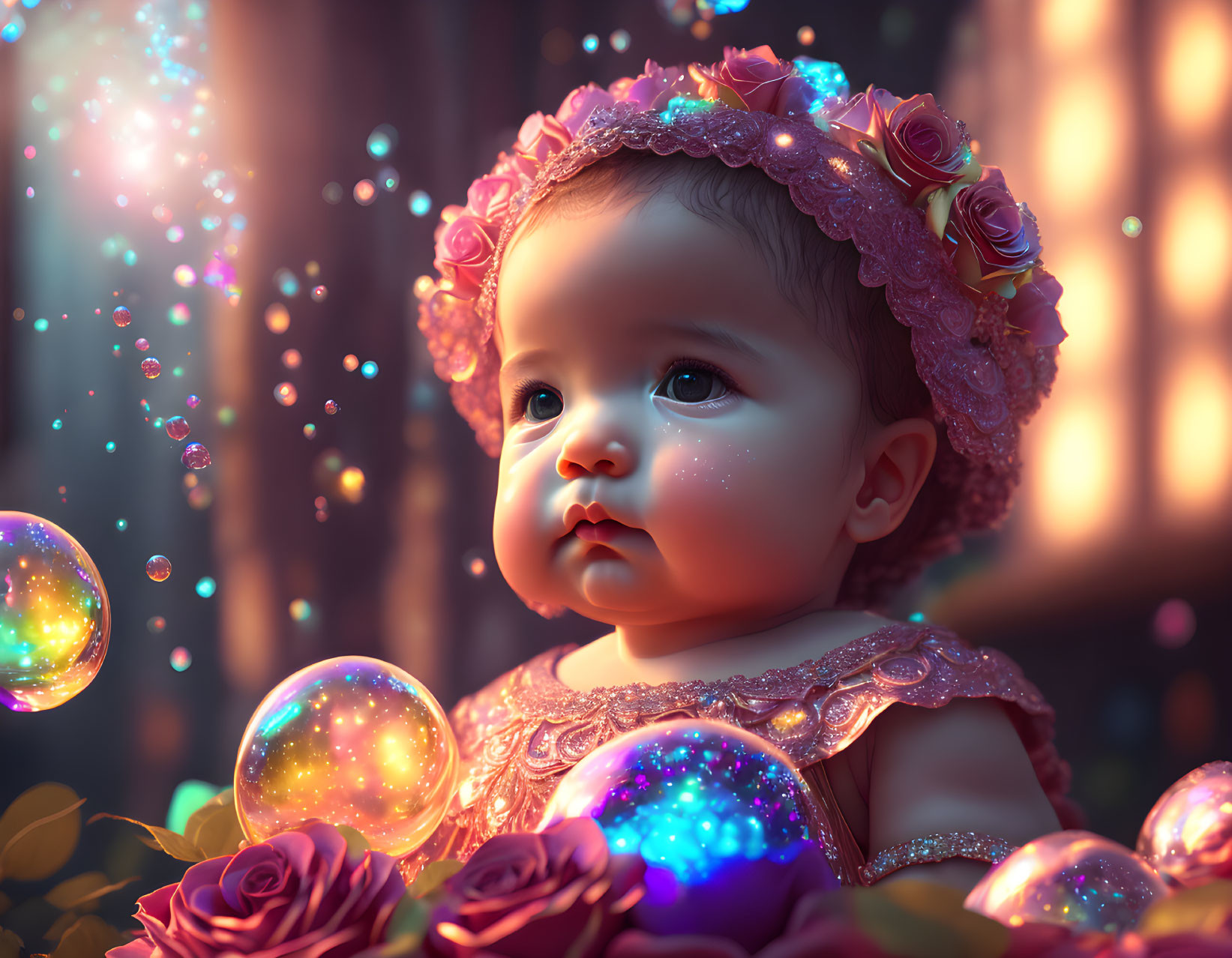 Baby with Floral Headband Surrounded by Bubbles and Roses in Enchanted Forest