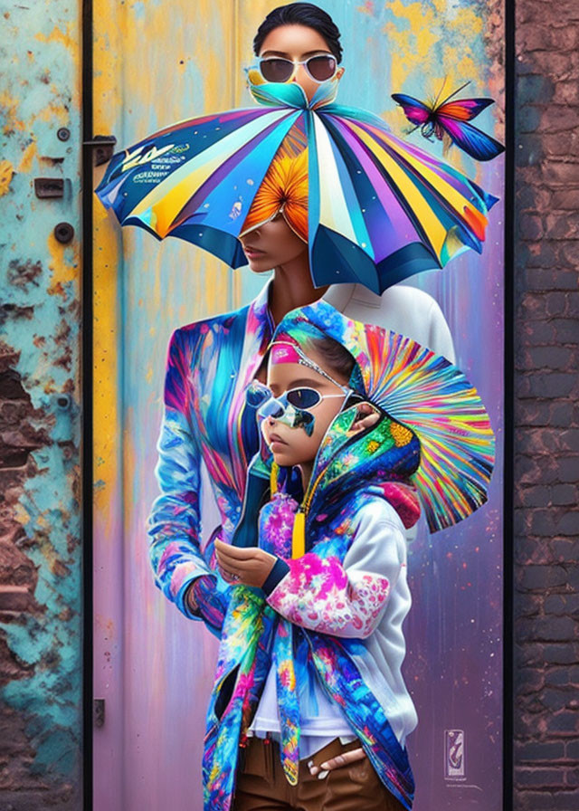 Colorfully dressed couple with umbrella and butterfly by rustic door