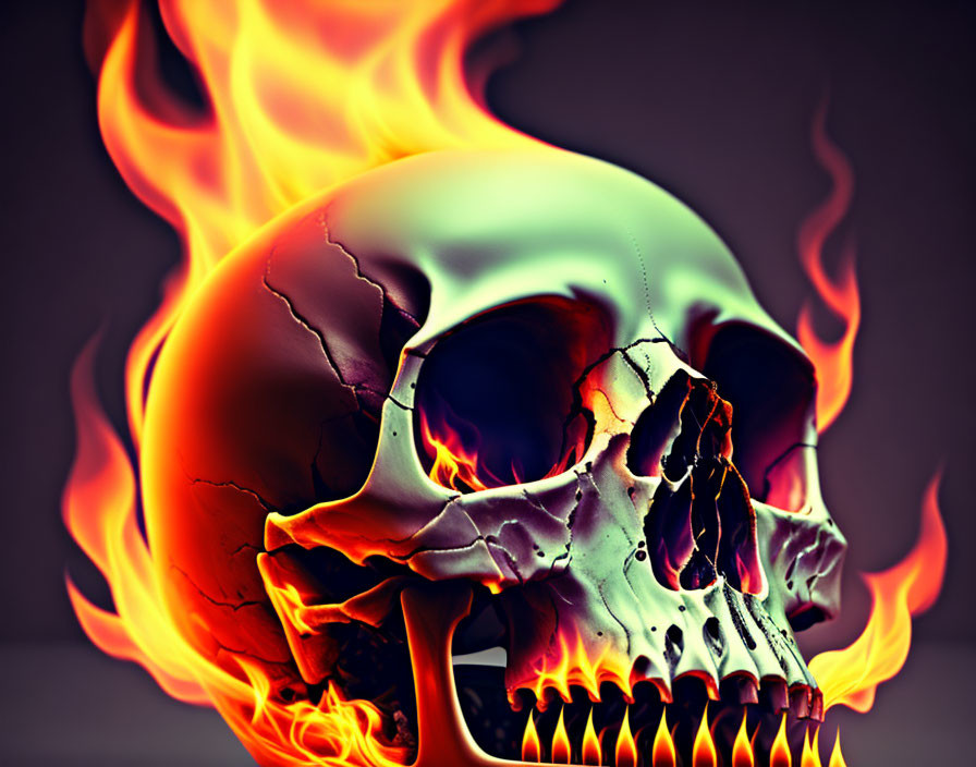 Digitally enhanced human skull engulfed in orange and yellow flames on dark background