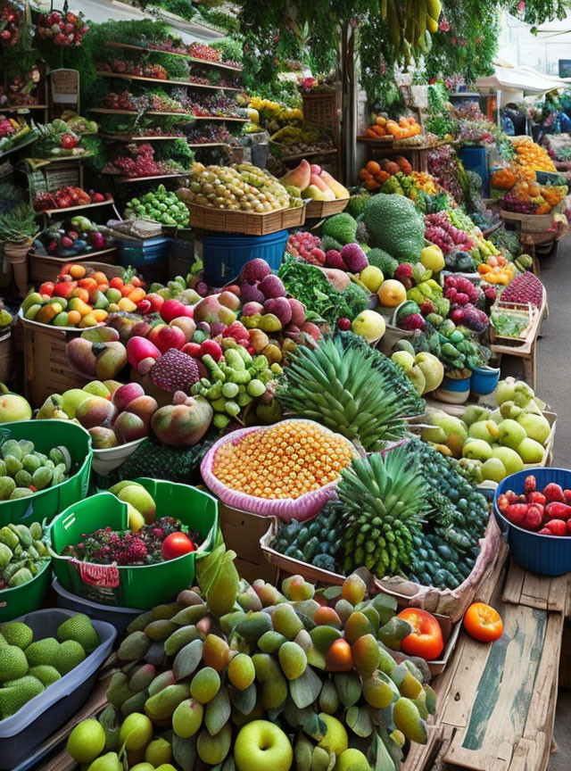 Assorted fresh fruits and vegetables at bustling market