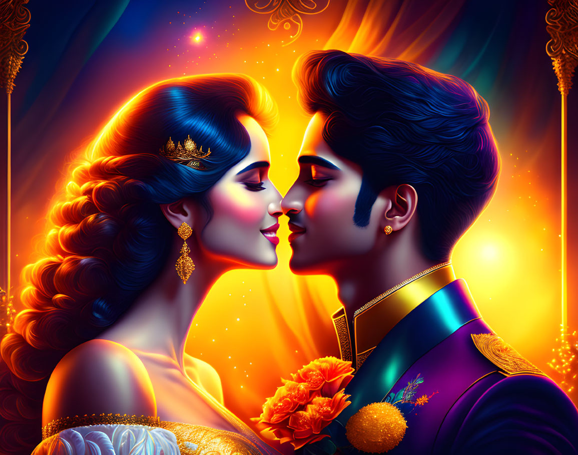 Colorful Couple Illustration in Glamorous Attire Against Cosmic Background