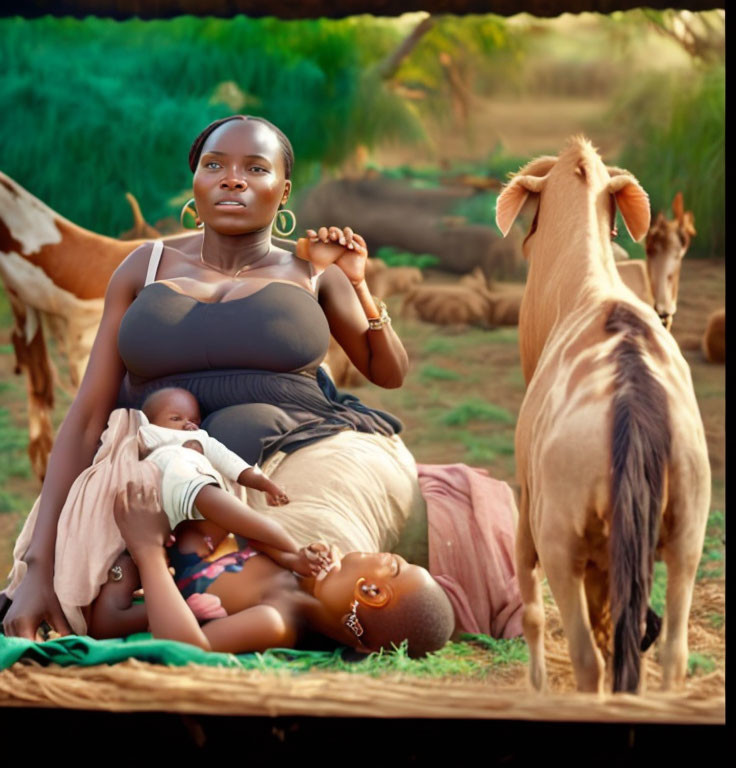 Woman with children and goats in pastoral setting