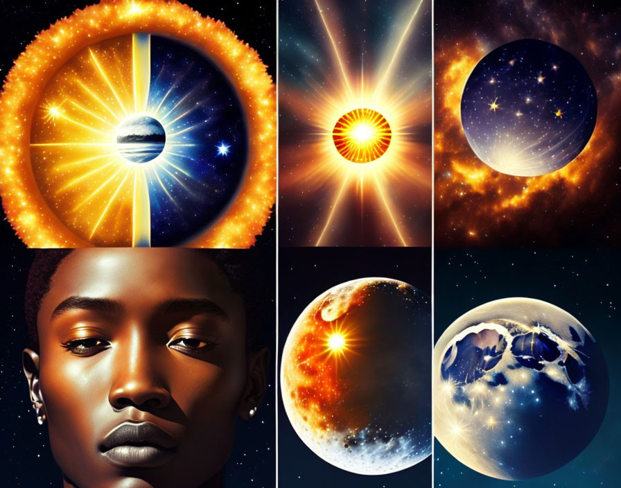 Cosmic Events Collage with Stars, Planets, and Human Face