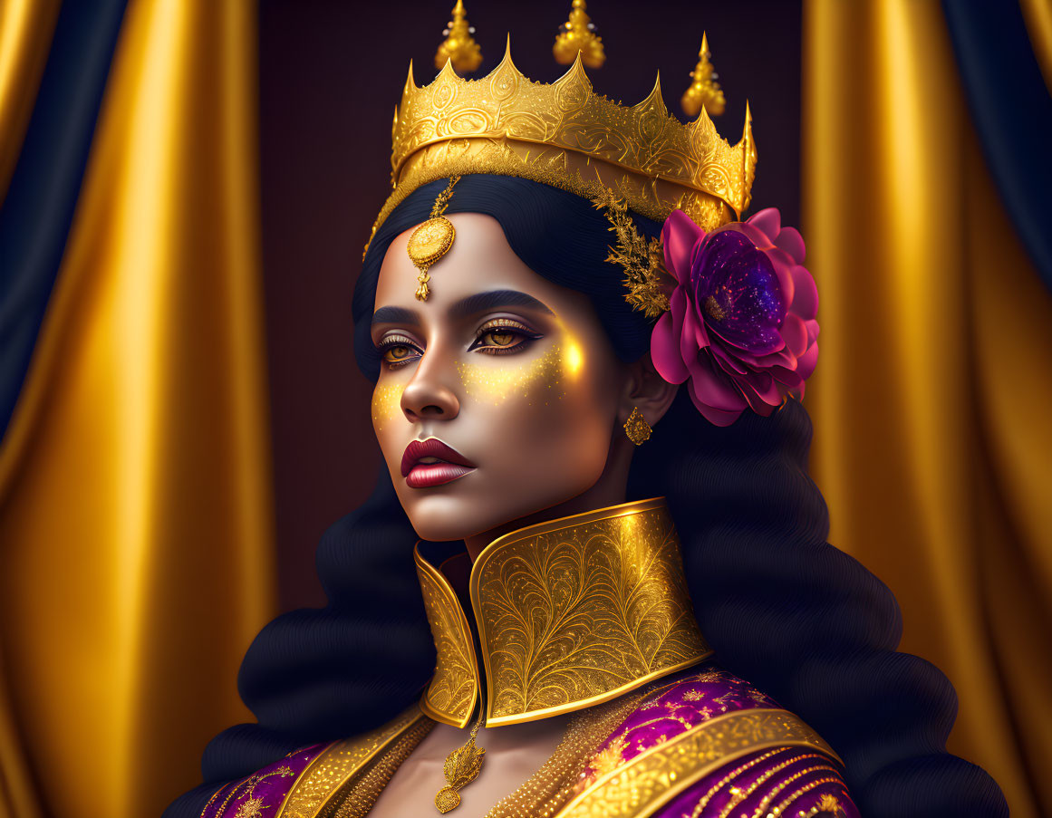 Regal woman with golden crown and purple flower against draped curtains