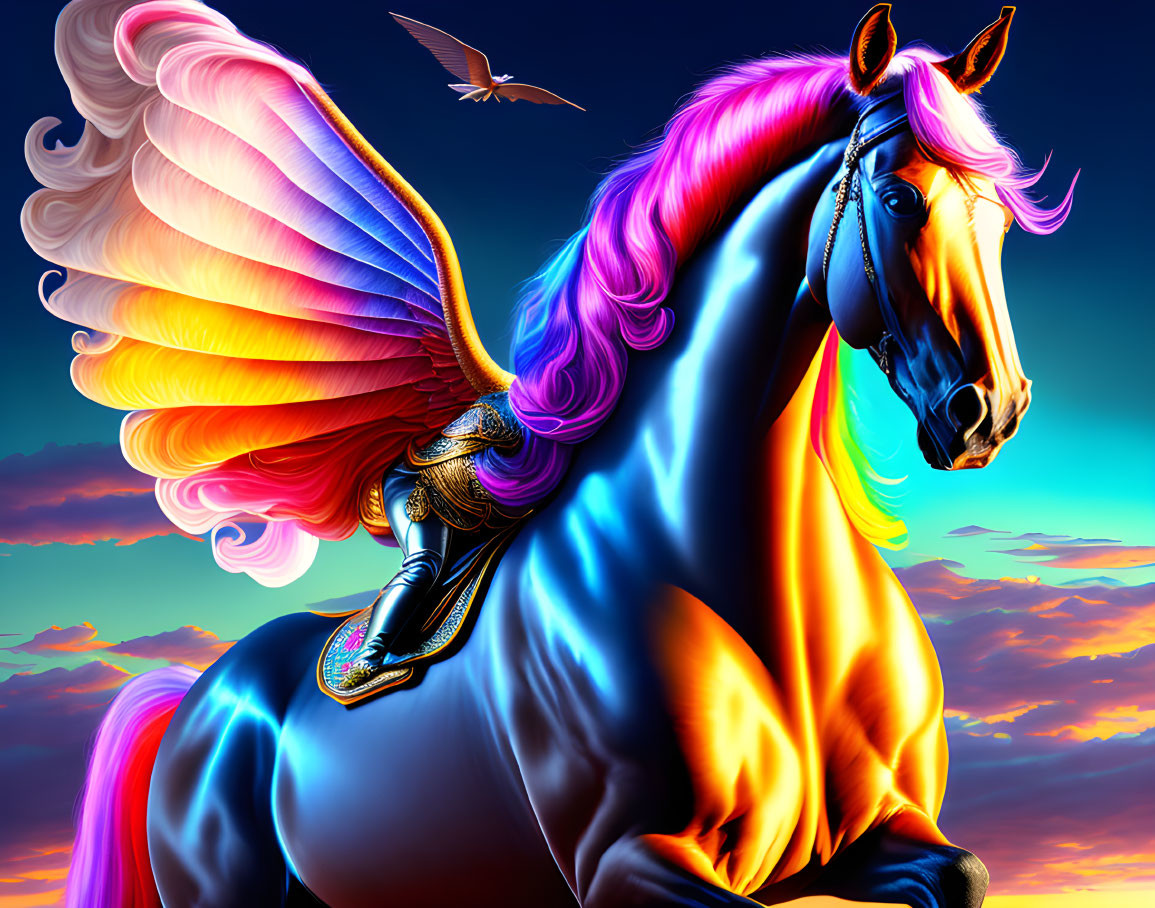 Colorful Pegasus Artwork with Rainbow Mane in Twilight Sky