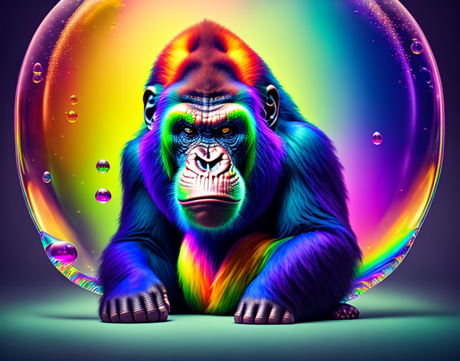 Colorful Rainbow Gorilla Artwork with Glowing Spheres and Bubbles