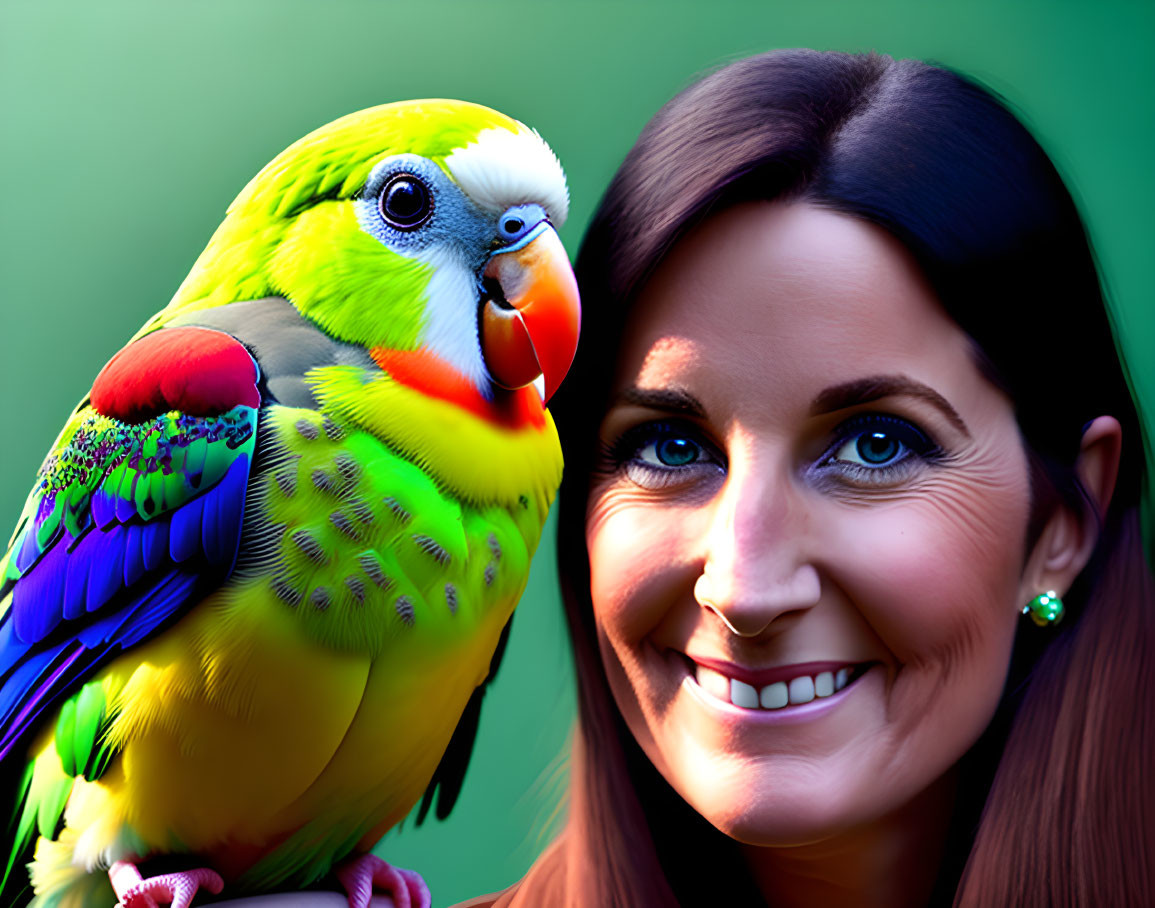 Smiling woman with colorful parrot on hand against green background