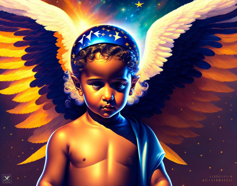 Digital artwork featuring child with wings in celestial setting