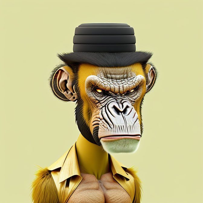 Mandrill in yellow jacket and bowler hat on pale yellow background