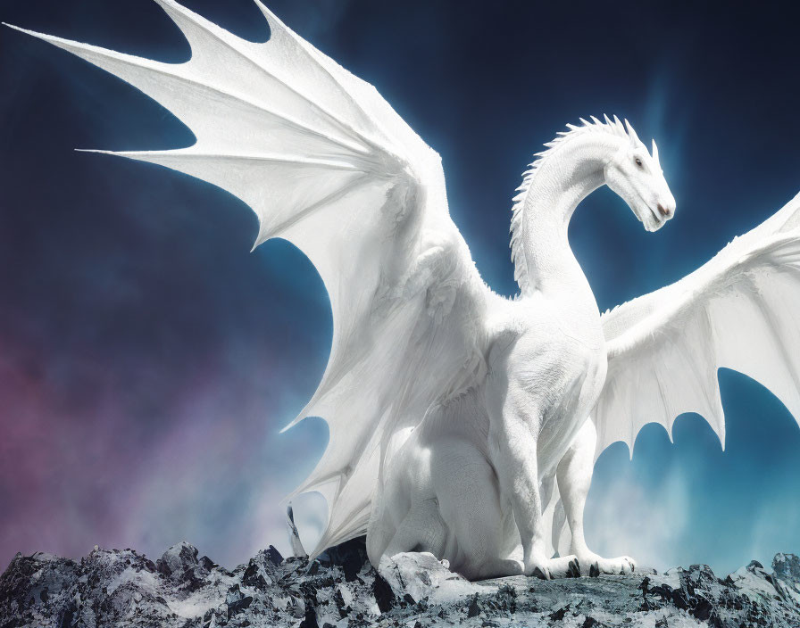 White dragon with wings on craggy mountain under dramatic sky