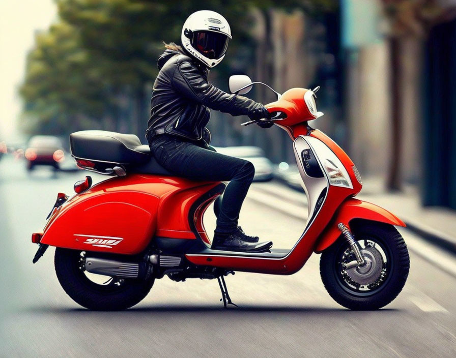 Person in Black Jacket Riding Red Scooter in Urban Setting