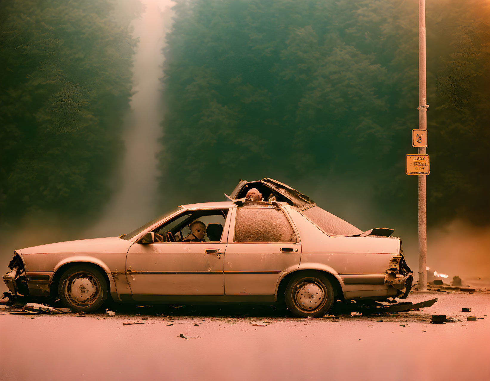 Abandoned damaged car without wheels in misty forest with mannequin head and 'No parking'