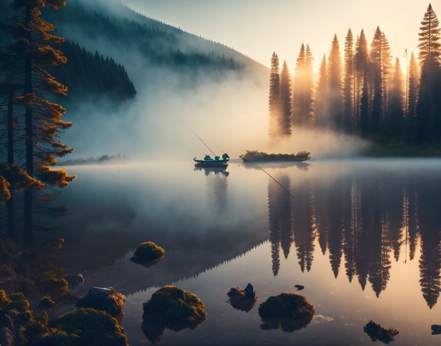 Sunrise fishing at misty lake with pine trees and calm waters.