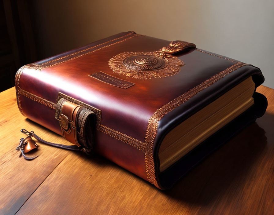 Embossed Leather-Bound Book with Metal Clasp on Wooden Table