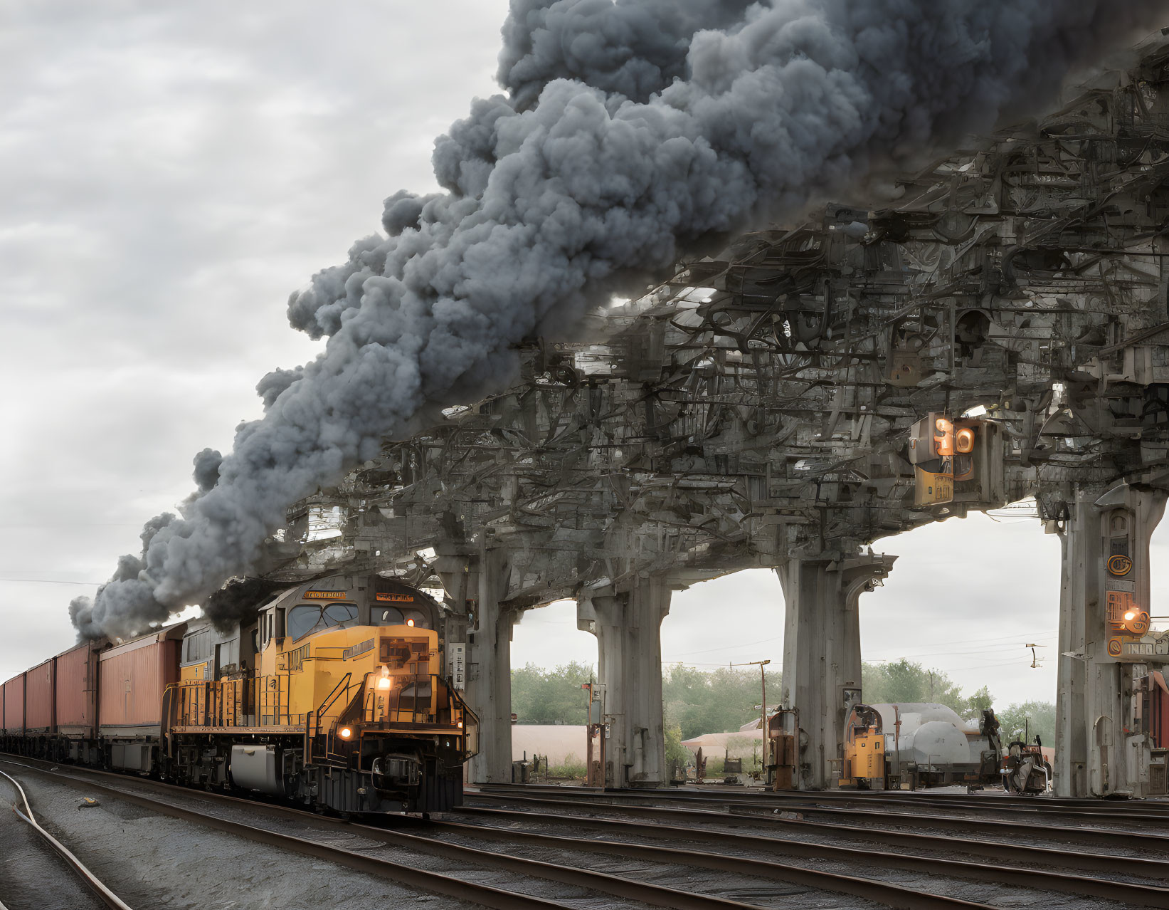 Freight train emitting smoke under industrial gantry on cloudy day