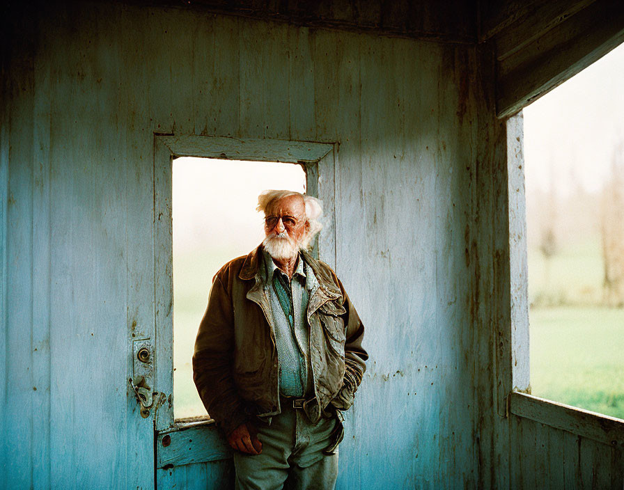 Elderly man with beard in rustic blue room by square window