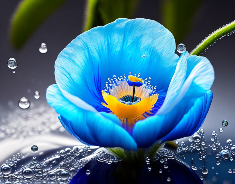 Vibrant blue flower with yellow center and water droplets on gray background