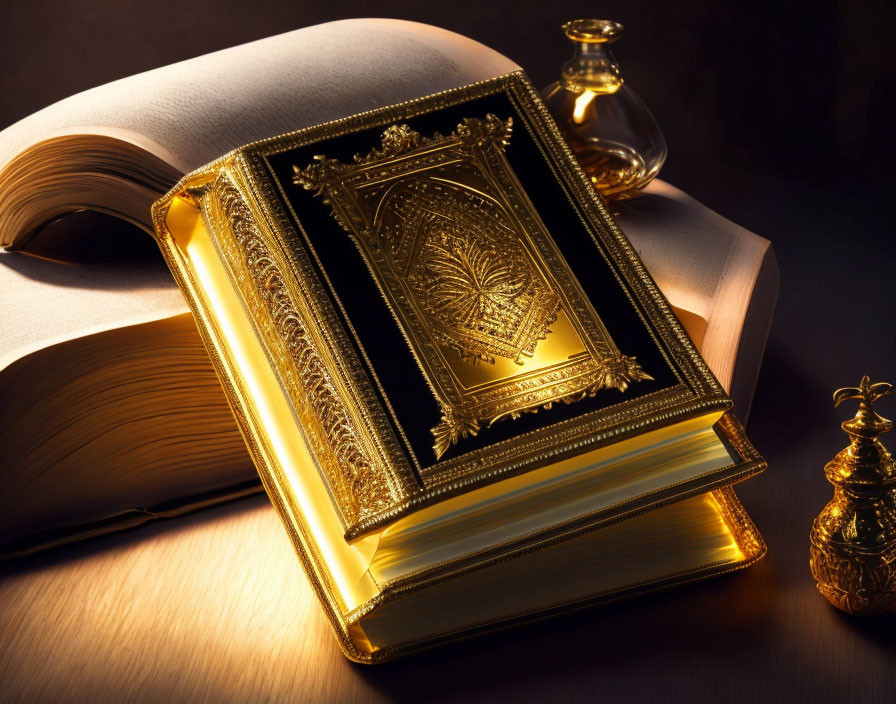 Golden ornate book with intricate designs illuminated by warm light next to inkwell and quill