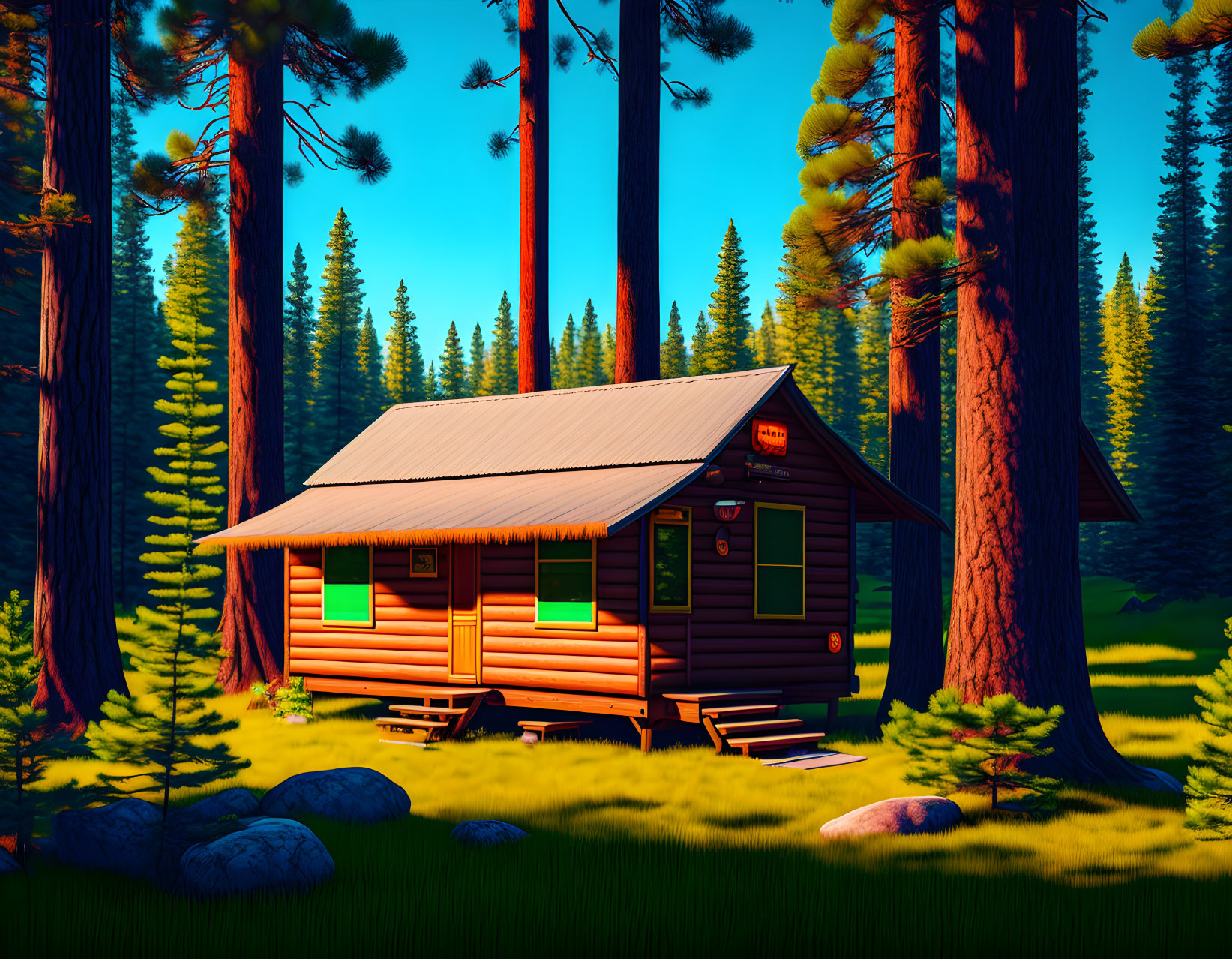 Cozy wooden cabin in pine forest at sunrise or sunset