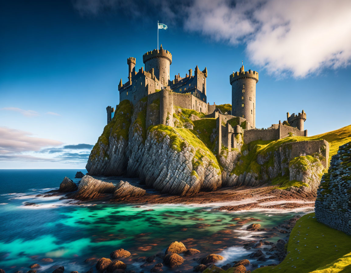 Majestic castle on rocky cliff overlooking turquoise sea