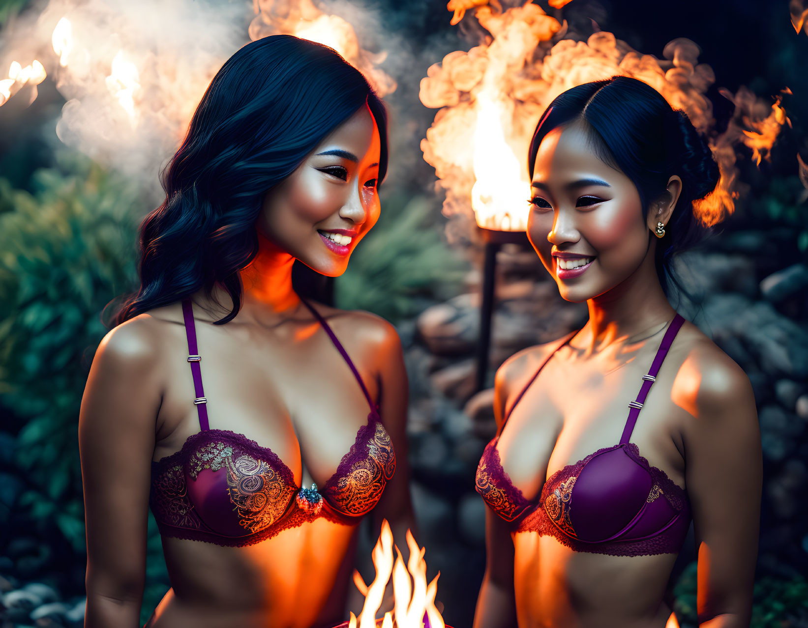 Two Women in Purple Bikinis Smiling by Fire at Dusk