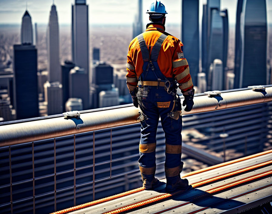 Construction worker in high-visibility vest and helmet on skyscraper overlooking cityscape with safety harness attached