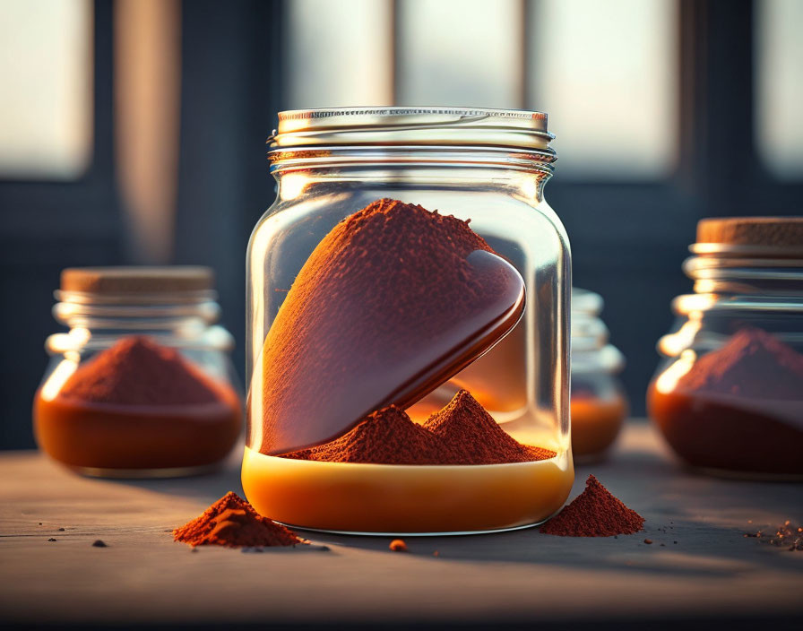 Ground Paprika in Glass Jars with Soft Focus Background