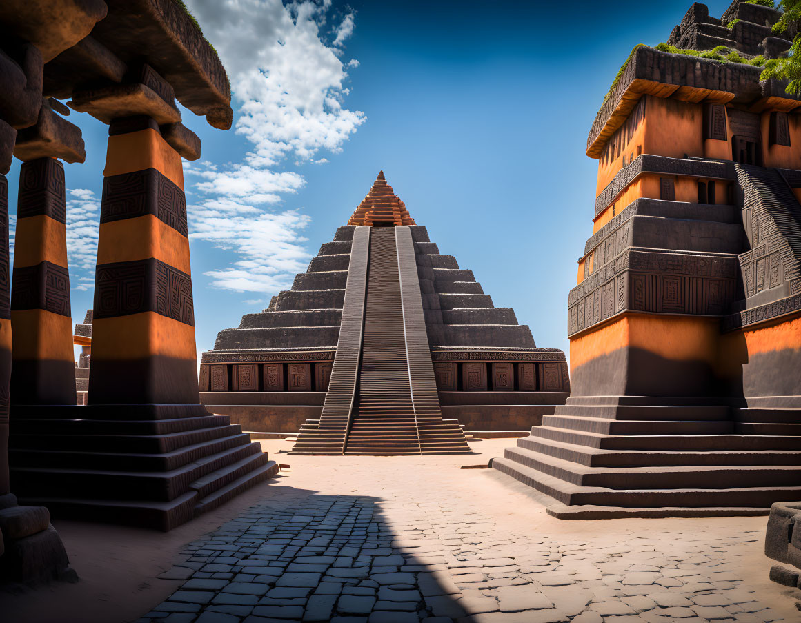 Ancient pyramid with steps, black and gold columns, and stone structures under blue sky