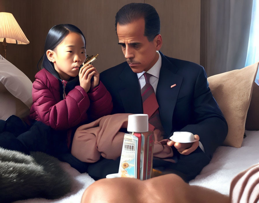 Girl in Pink Jacket Examines Key Next to Man with Honey Jar in Cozy Room