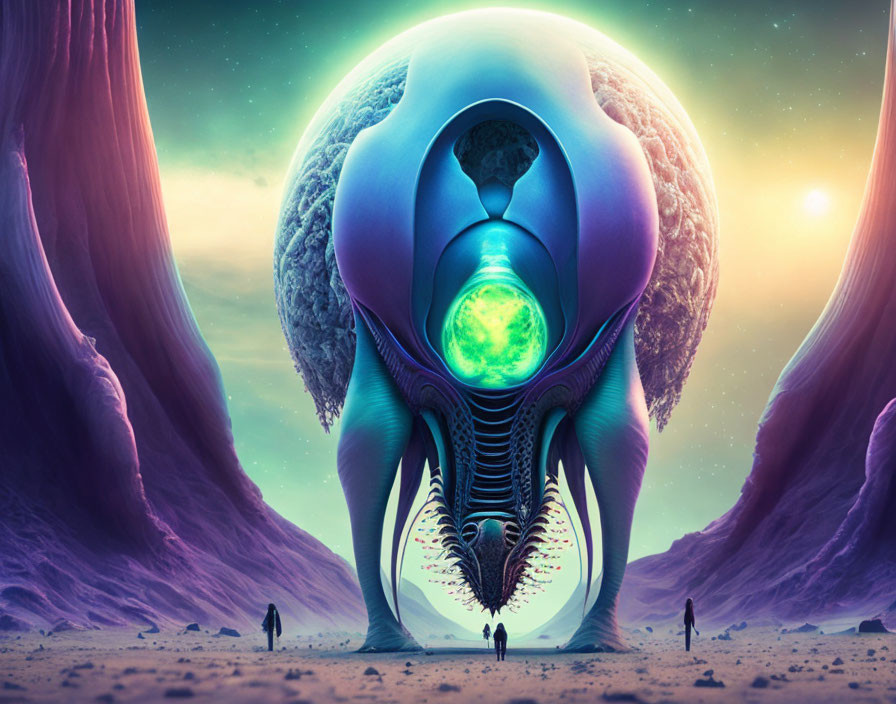 Surreal alien landscape with skull-like structure, glowing orb, figures, and purple skies