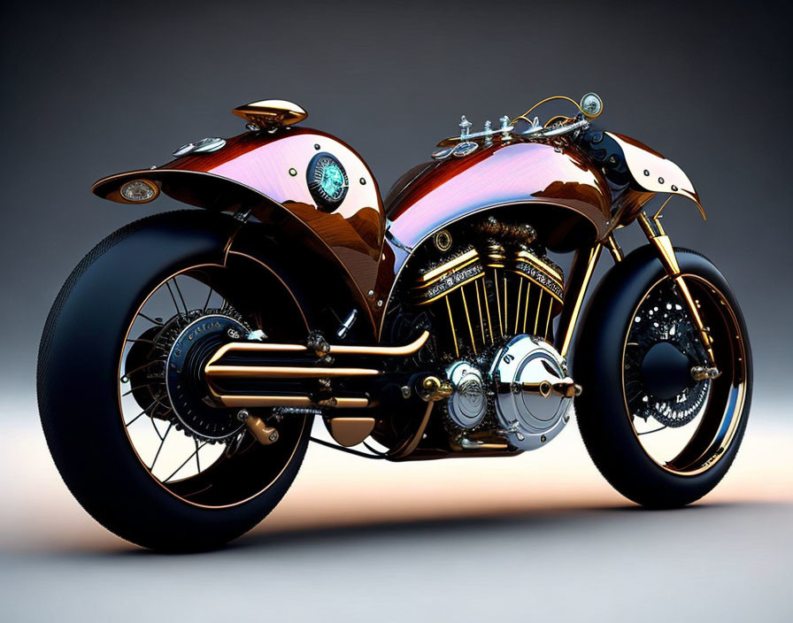 Futuristic copper and silver motorcycle with intricate details.