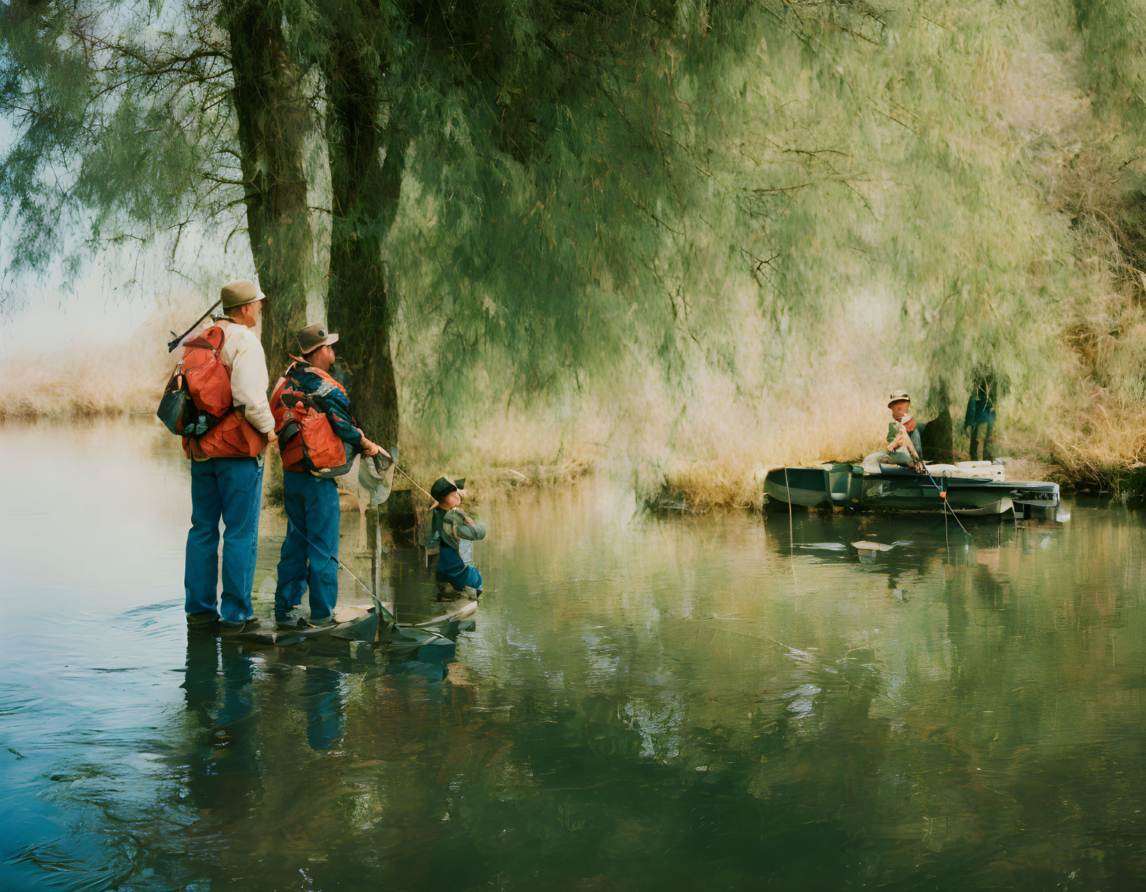 People fishing in water near trees with boat in tranquil setting