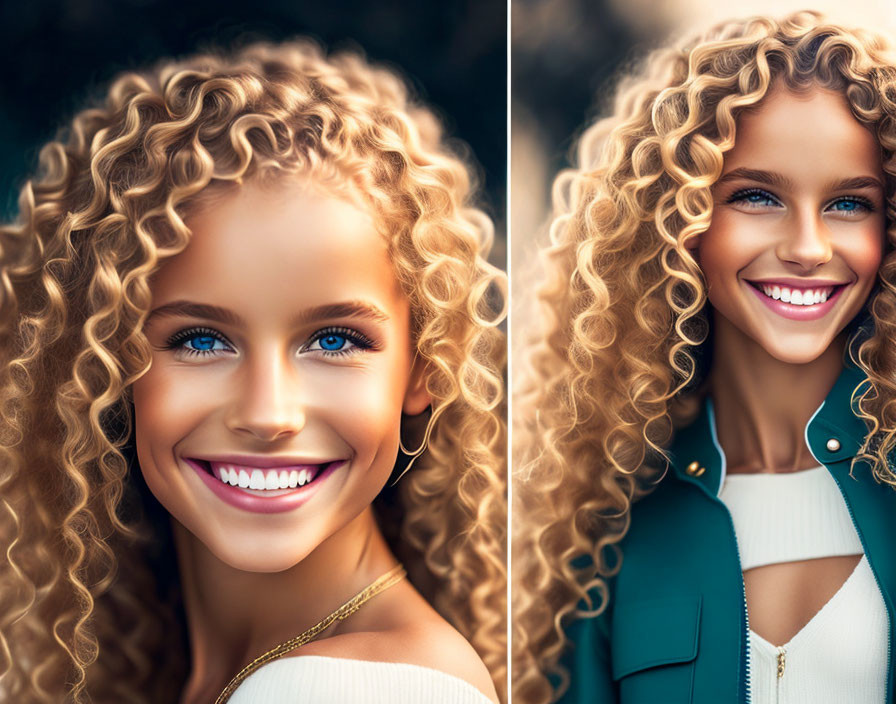 Blonde woman with curly hair in two portrait photos