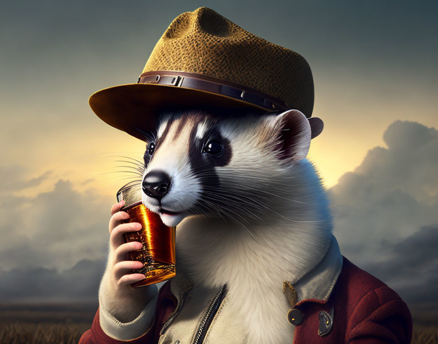 Anthropomorphic ferret in fedora enjoying whiskey at dusk