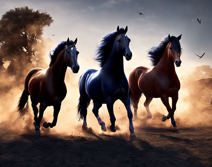 Three majestic horses galloping in dramatic sunset scene