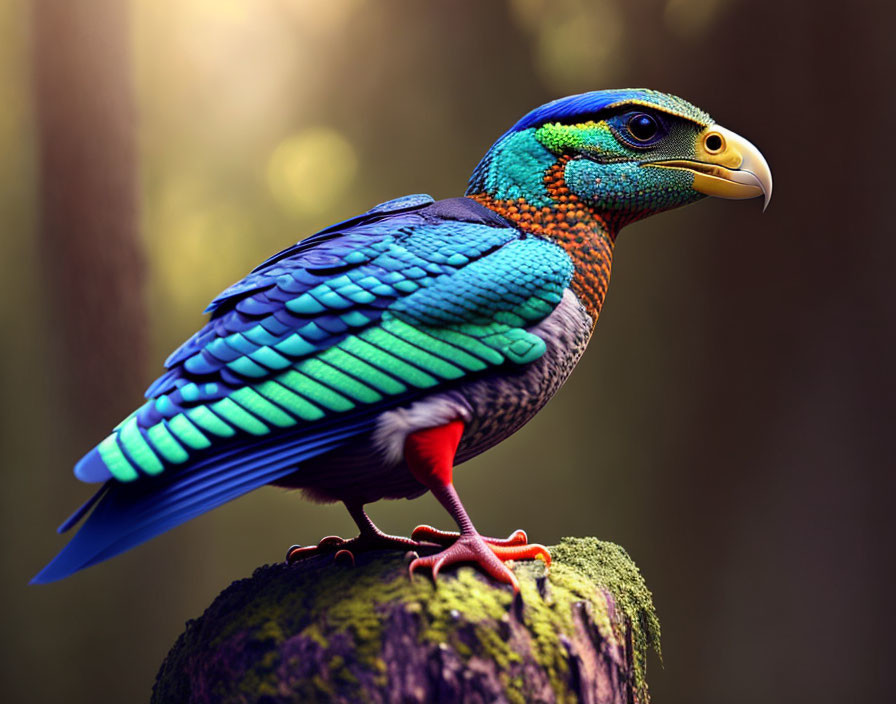 Vibrant blue and green bird-like creature with eagle-like beak on branch